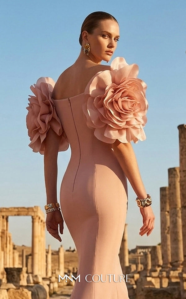 MNM Couture F02886 rayon crepe gown with sweetheart neckline and floral appliques. | Couture Shop LA