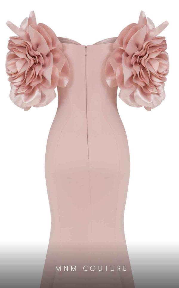 MNM Couture F02886 rayon crepe gown with sweetheart neckline and floral appliques. | Couture Shop LA
