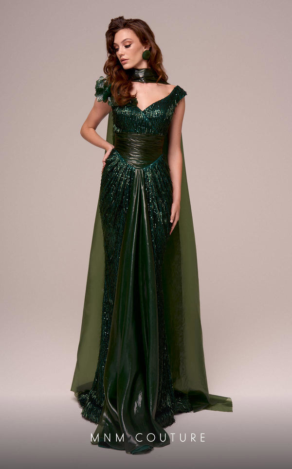MNM Couture F02889 mesh embroidery gown with V-neck and sequin fringes. | Couture Shop LA