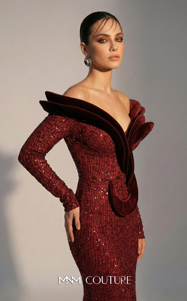 MNM Couture F02896A sequin and velvet off-shoulder mermaid gown with V-neckline, long sleeves, and sculptural molded velvet paneling | Couture Shop LA.