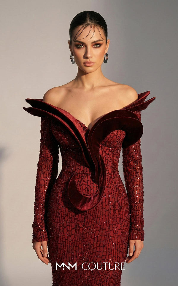 MNM Couture F02896A sequin and velvet off-shoulder mermaid gown with V-neckline, long sleeves, and sculptural molded velvet paneling | Couture Shop LA.