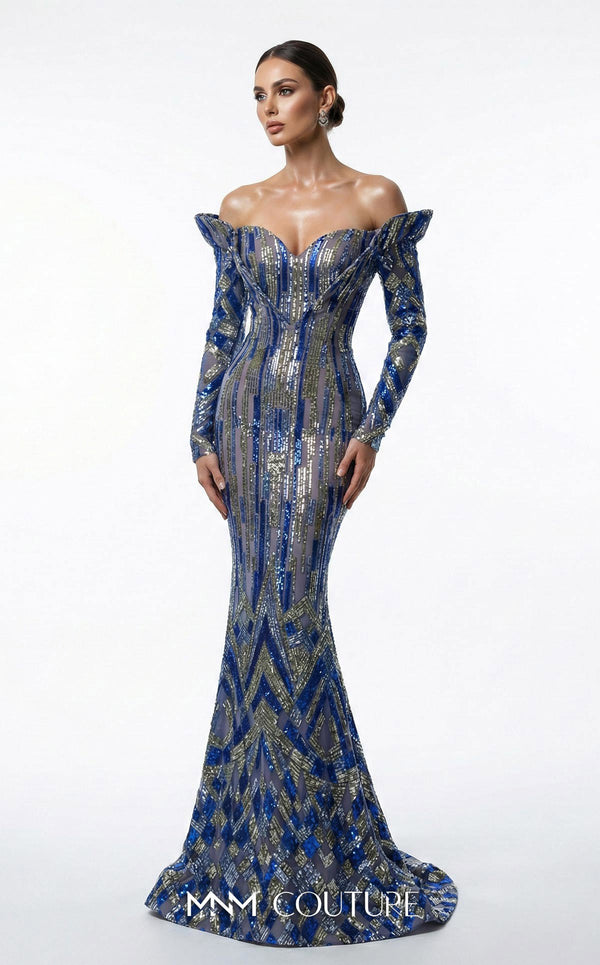 Sequined haute couture mermaid dress with upside-down cap sleeves MNM Couture F02900A