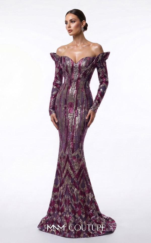 Sequined haute couture mermaid dress with upside-down cap sleeves MNM Couture F02900A