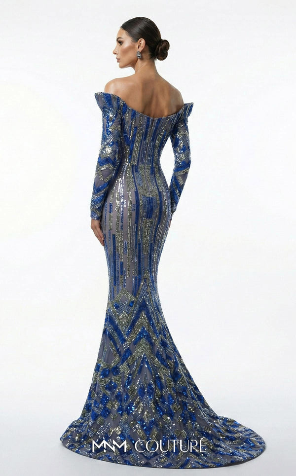 Sequined haute couture mermaid dress with upside-down cap sleeves MNM Couture F02900A