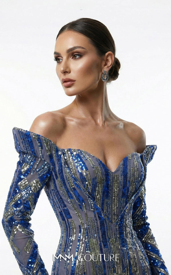 Sequined haute couture mermaid dress with upside-down cap sleeves MNM Couture F02900A