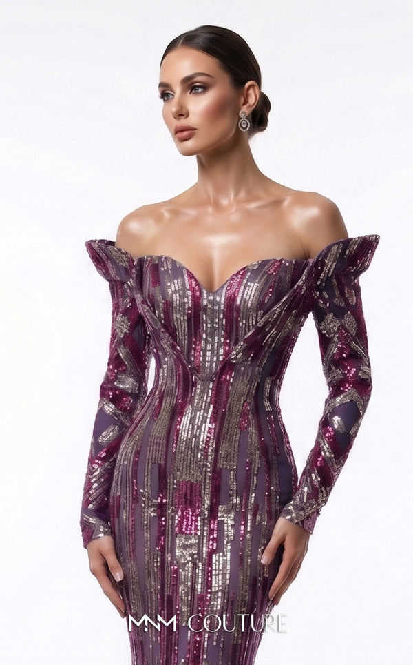 Sequined haute couture mermaid dress with upside-down cap sleeves MNM Couture F02900A