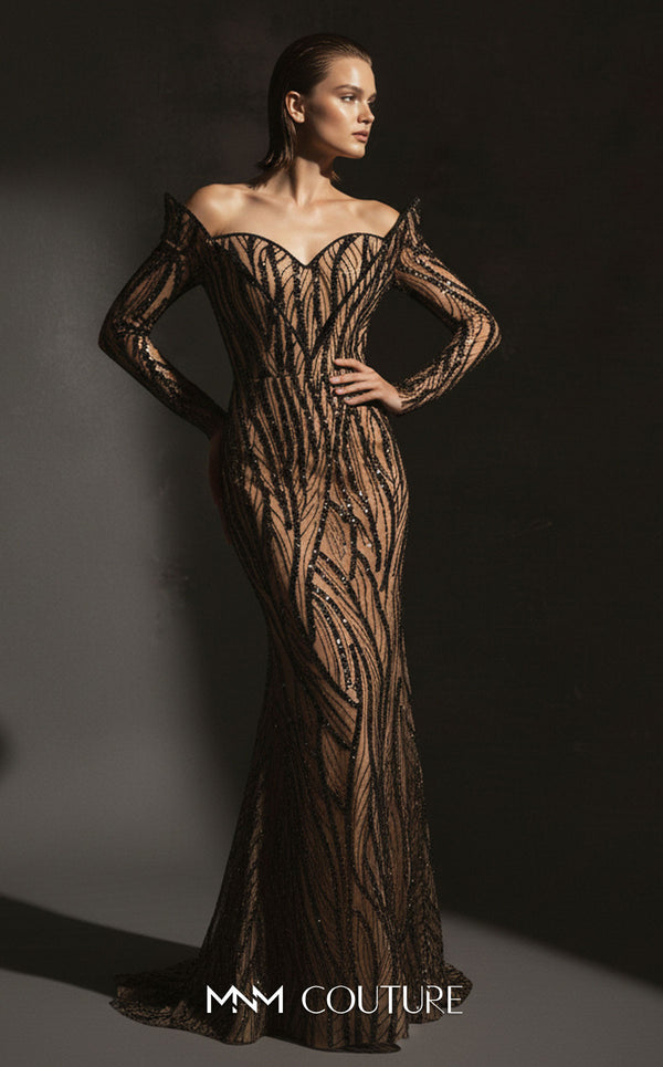 MNM Couture F02900 a sequined sweatheart mermaid gown with off-shoulder long sleeves and train. | Couture Shop LA