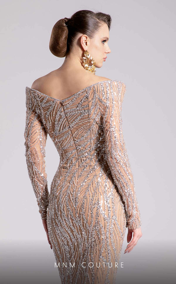 MNM Couture F02900 a sequined sweatheart mermaid gown with off-shoulder long sleeves and train. | Couture Shop LA
