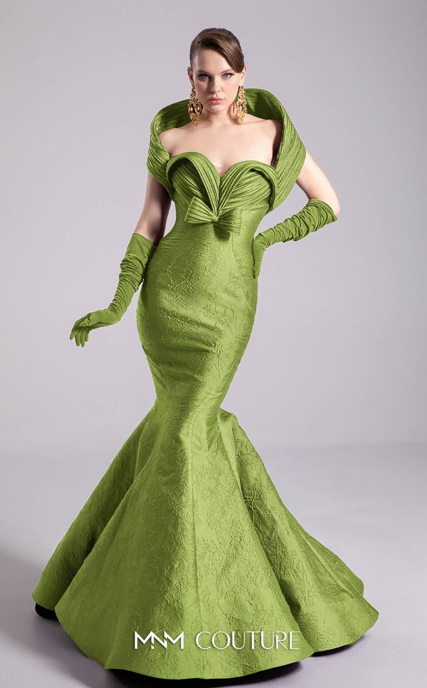 MNM Couture Style F02901 dress showcasing a pleated sweetheart neckline, mid-bow detail, and a stunning mermaid silhouette. / Couture Shop LA