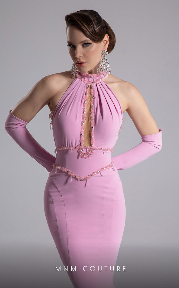 MNM Couture F02903 pink form-fitting mermaid gown with a beaded halter neckline, long train, and matching gloves. | Couture Shop LA
