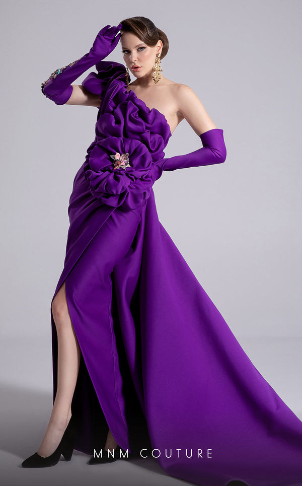 MNM Couture Style F02904 rayon crepe column dress featuring an asymmetric one-shoulder strap, fitted silhouette, and an undetachable long train for an elegant look | Couture Shop LA