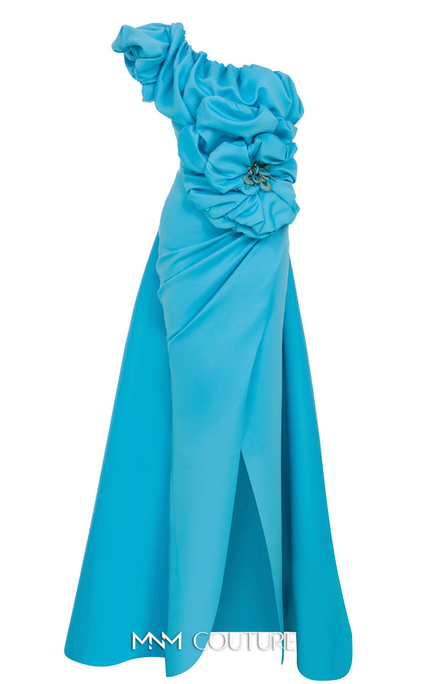 MNM Couture Style F02904 rayon crepe column dress featuring an asymmetric one-shoulder strap, fitted silhouette, and an undetachable long train for an elegant look | Couture Shop LA