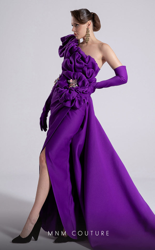 MNM Couture Style F02904 rayon crepe column dress featuring an asymmetric one-shoulder strap, fitted silhouette, and an undetachable long train for an elegant look | Couture Shop LA