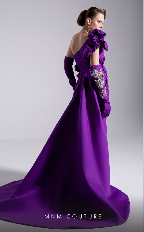MNM Couture Style F02904 rayon crepe column dress featuring an asymmetric one-shoulder strap, fitted silhouette, and an undetachable long train for an elegant look | Couture Shop LA
