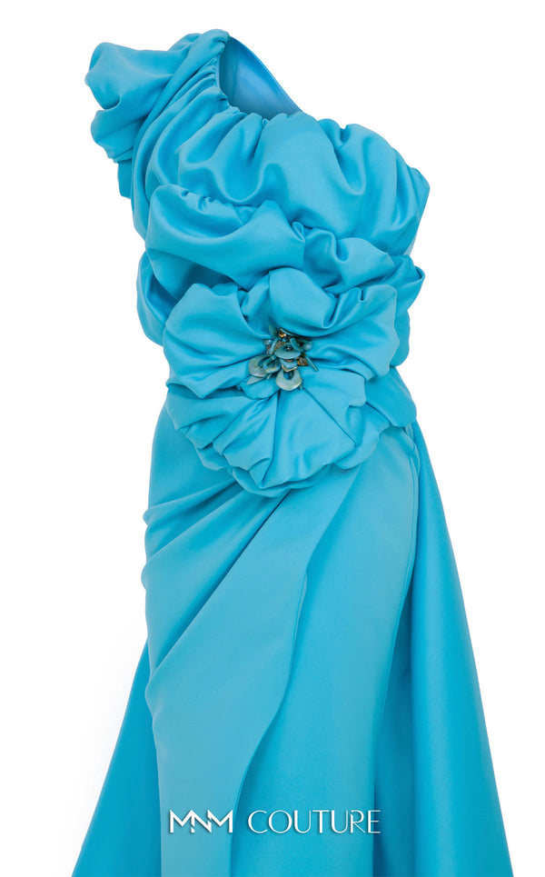 MNM Couture Style F02904 rayon crepe column dress featuring an asymmetric one-shoulder strap, fitted silhouette, and an undetachable long train for an elegant look | Couture Shop LA