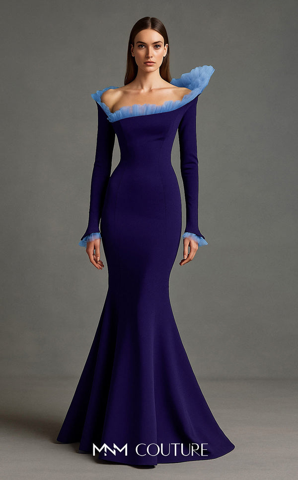MNM Couture Style F02905 gown showcasing an organza pleated accent, off-shoulder design, and flowing mermaid silhouette. / Couture Shop LA