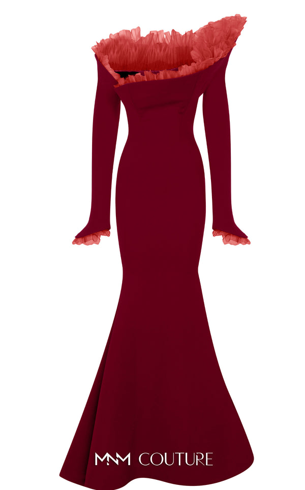 MNM Couture Style F02905 gown showcasing an organza pleated accent, off-shoulder design, and flowing mermaid silhouette. / Couture Shop LA