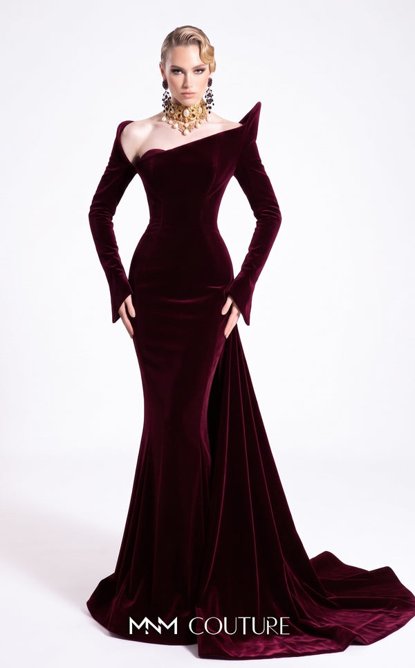 Couture Shop LA F02910B velvet long-sleeve column gown with open asymmetric neckline, angular left shoulder cap, high back collar, flared cuffs, and gathered back train | Couture Shop LA