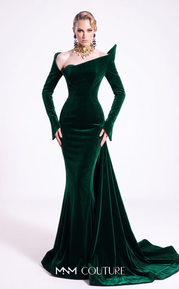 Couture Shop LA F02910B black velvet long-sleeve column gown with open asymmetric neckline, angular left shoulder cap, high back collar, flared cuffs, and gathered back train | Couture Shop LA