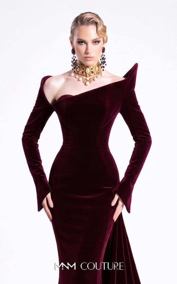Couture Shop LA F02910B velvet long-sleeve column gown with open asymmetric neckline, angular left shoulder cap, high back collar, flared cuffs, and gathered back train | Couture Shop LA