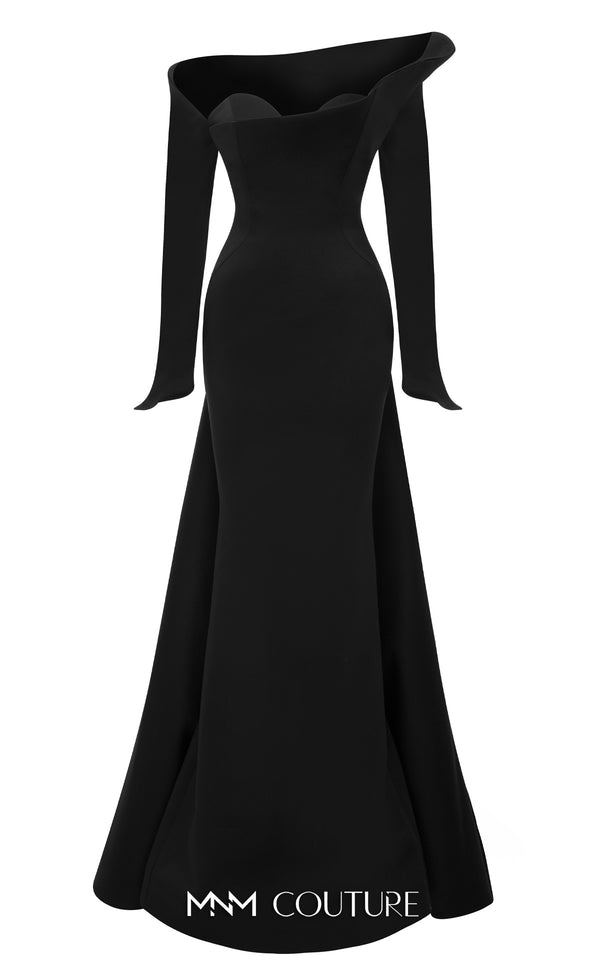 MNM Couture Style F02910 rayon crepe fitted dress featuring an asymmetrical off-shoulder neckline, long sleeves, a scoop back, and an undetachable back skirt with a dramatic train | Couture Shop LA
