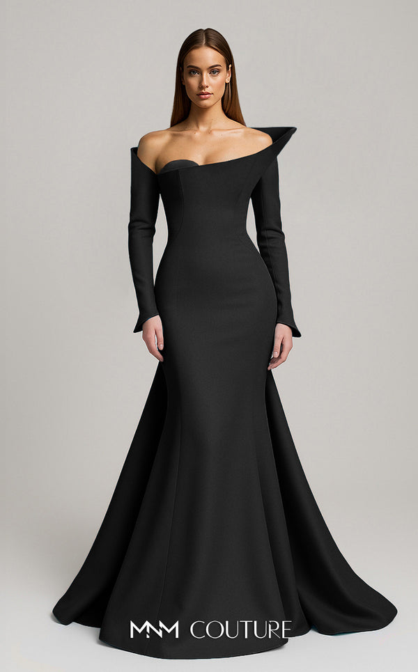MNM Couture Style F02910 rayon crepe fitted dress featuring an asymmetrical off-shoulder neckline, long sleeves, a scoop back, and an undetachable back skirt with a dramatic train | Couture Shop LA
