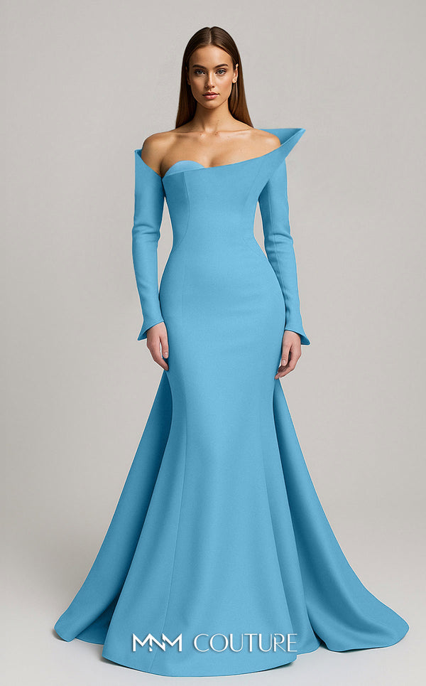 MNM Couture Style F02910 rayon crepe fitted dress featuring an asymmetrical off-shoulder neckline, long sleeves, a scoop back, and an undetachable back skirt with a dramatic train | Couture Shop LA