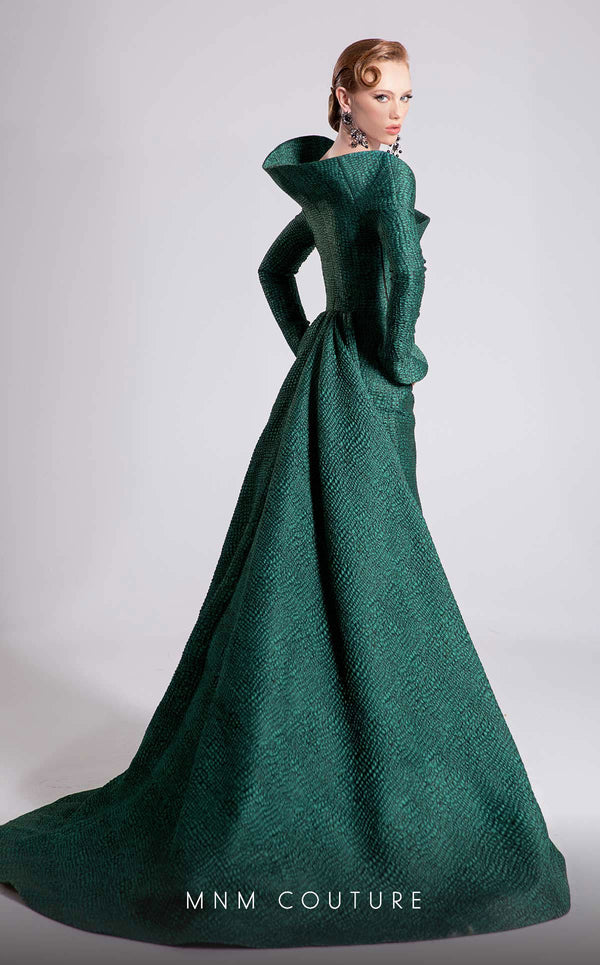 MNM Couture Style F02910 jacquard fitted dress featuring an asymmetrical off-shoulder neckline, long sleeves, a scoop back, and an undetachable back skirt with a dramatic train | Couture Shop LA