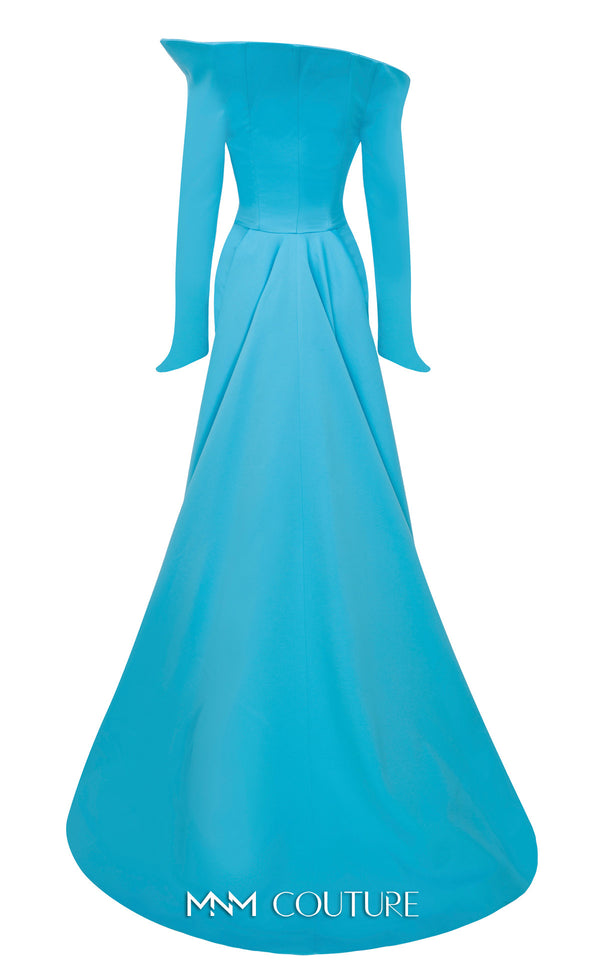 MNM Couture Style F02910 rayon crepe fitted dress featuring an asymmetrical off-shoulder neckline, long sleeves, a scoop back, and an undetachable back skirt with a dramatic train | Couture Shop LA