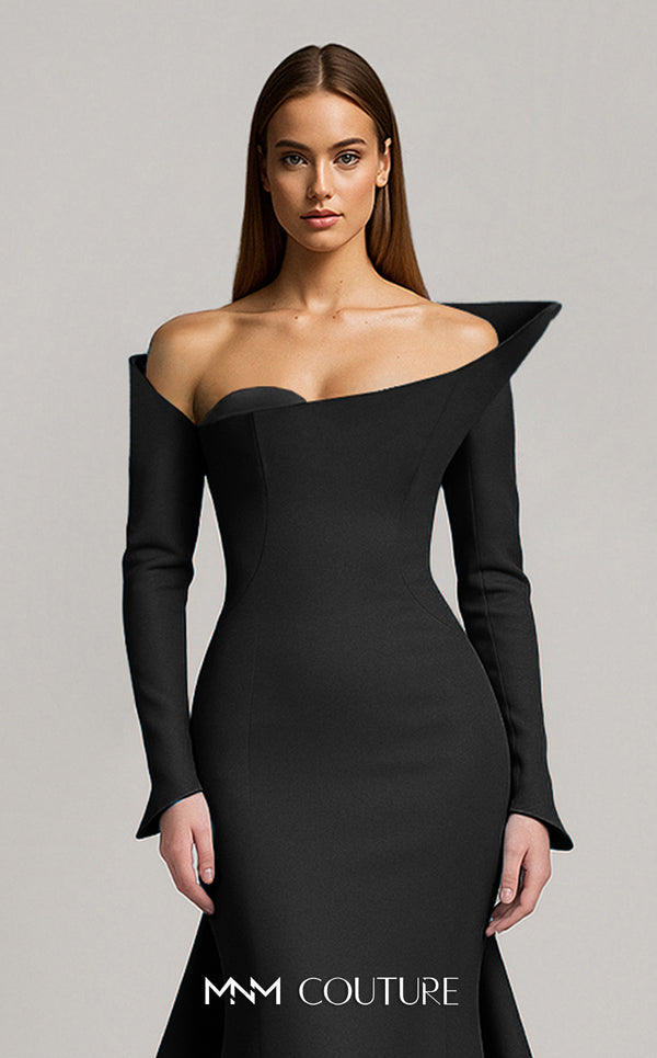 MNM Couture Style F02910 jacquard fitted dress featuring an asymmetrical off-shoulder neckline, long sleeves, a scoop back, and an undetachable back skirt with a dramatic train | Couture Shop LA