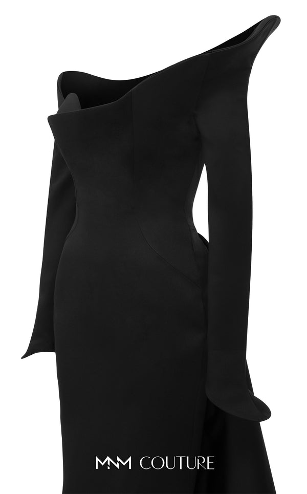 MNM Couture Style F02910 jacquard fitted dress featuring an asymmetrical off-shoulder neckline, long sleeves, a scoop back, and an undetachable back skirt with a dramatic train | Couture Shop LA