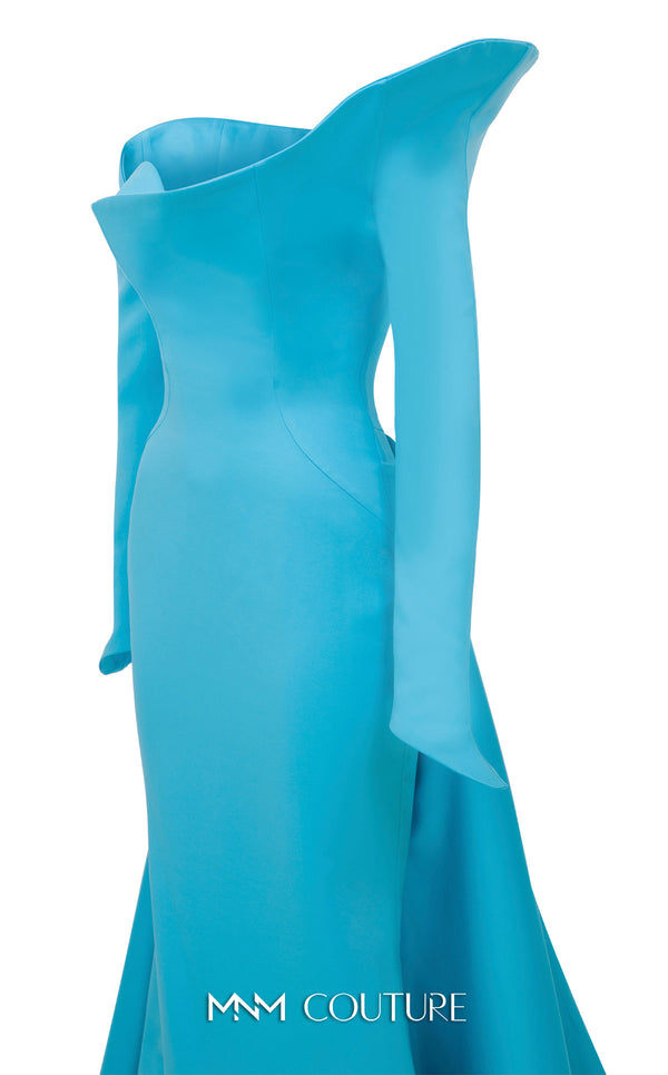 MNM Couture Style F02910 jacquard fitted dress featuring an asymmetrical off-shoulder neckline, long sleeves, a scoop back, and an undetachable back skirt with a dramatic train | Couture Shop LA