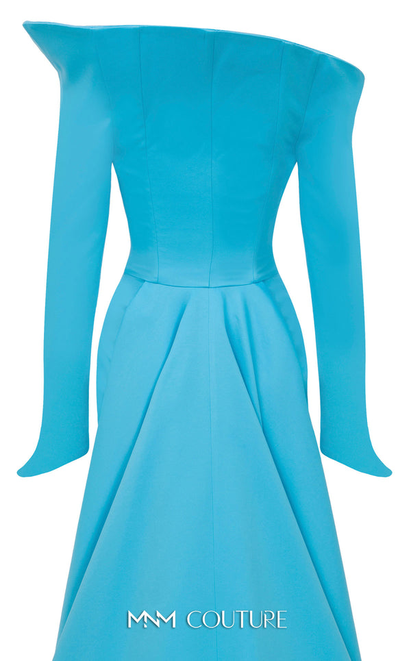 MNM Couture Style F02910 jacquard fitted dress featuring an asymmetrical off-shoulder neckline, long sleeves, a scoop back, and an undetachable back skirt with a dramatic train | Couture Shop LA