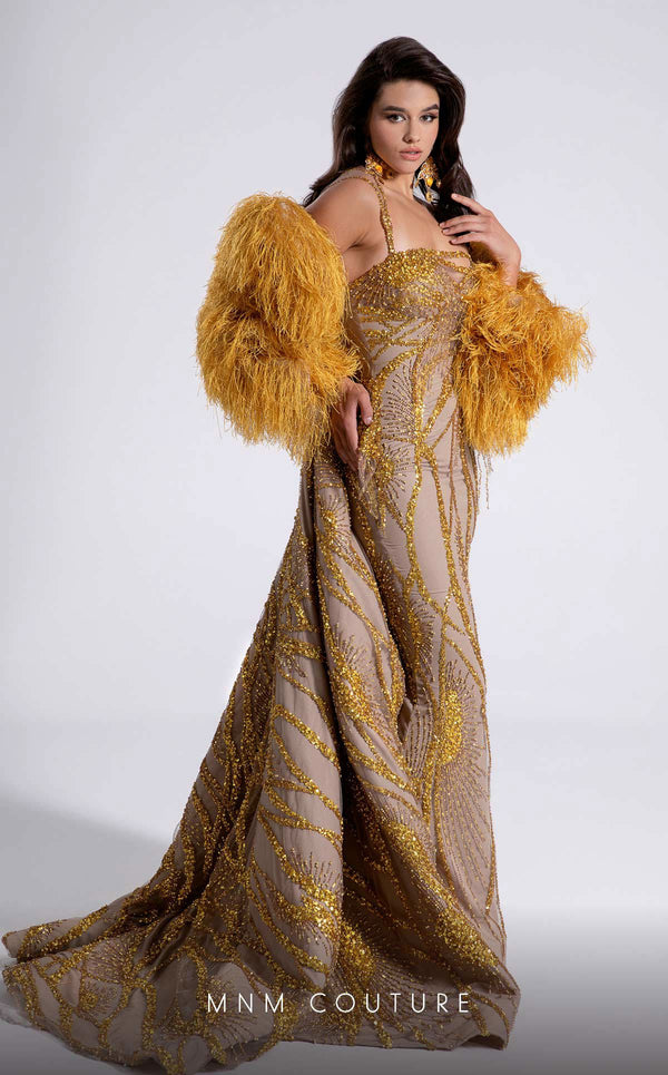 MNM Couture Style F02914 gold fitted evening dress with asymmetric neckline, sequin embroidery, one-side strap sleeve, and regal train | Couture Shop LA.