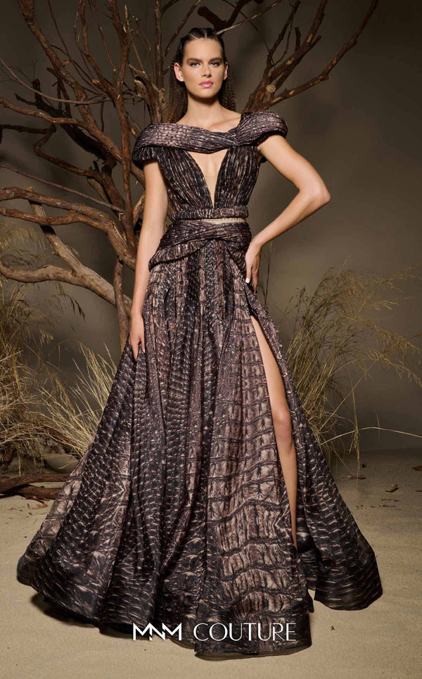 MNM Couture Style F02922 featuring a two-piece look organza gown in a brown textured crocodile print, with a deep V-neckline, cap sleeves, and a long pleated skirt. | Couture Shop LA