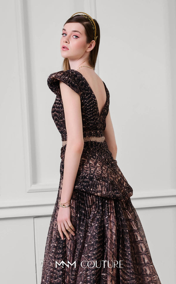 MNM Couture Style F02922 featuring a two-piece look organza gown in a brown textured crocodile print, with a deep V-neckline, cap sleeves, and a long pleated skirt. | Couture Shop LA