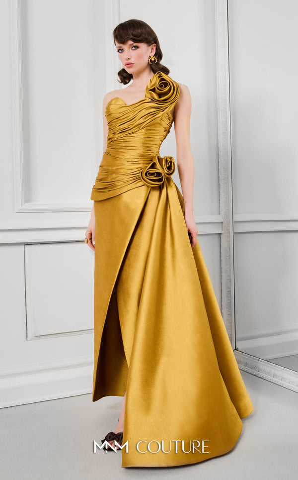 MNM Couture F02923A satin column wrap gown with strapless sweetheart neckline, pleated bodice draping, side bustle train, and sculptural rosettes | Couture Shop LA.