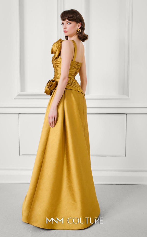 MNM Couture F02923A satin column wrap gown with strapless sweetheart neckline, pleated bodice draping, side bustle train, and sculptural rosettes | Couture Shop LA.
