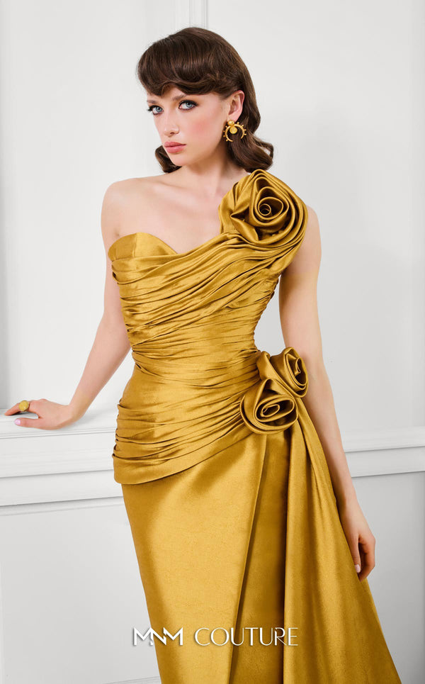 MNM Couture F02923A satin column wrap gown with strapless sweetheart neckline, pleated bodice draping, side bustle train, and sculptural rosettes | Couture Shop LA.