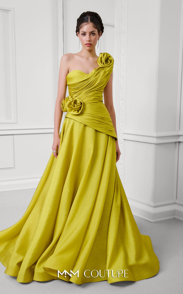 MNM Couture Style F02923 A-line gown featuring asymmetric neckline, fabric flower strap detail, pleated bust, and two floral accents at the waist | Couture Shop LA