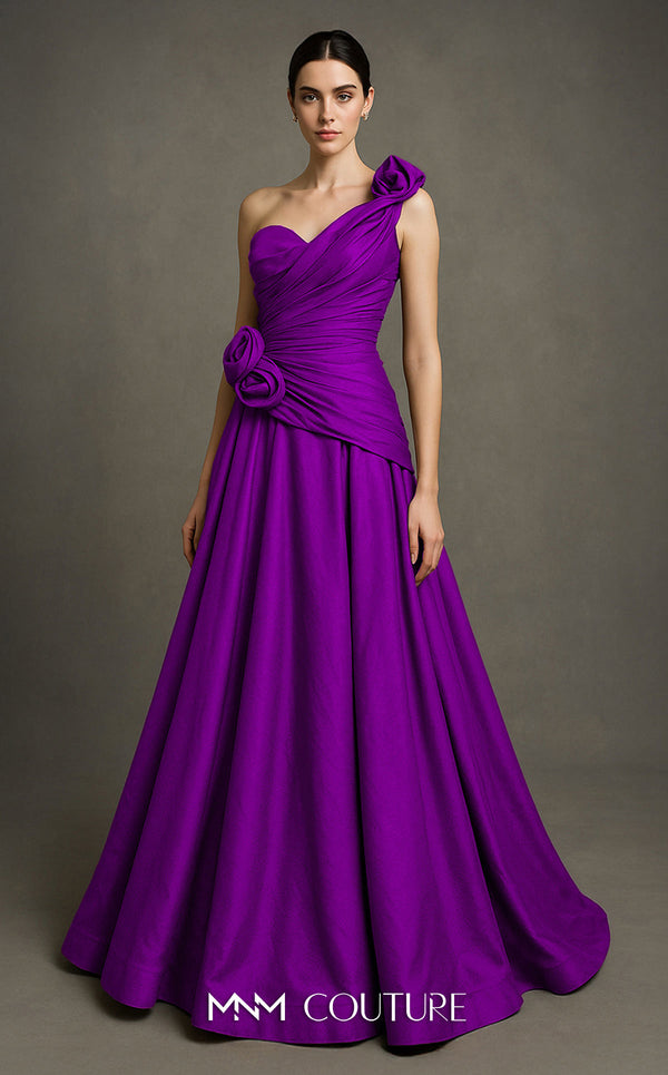 MNM Couture Style F02923 A-line gown featuring asymmetric neckline, fabric flower strap detail, pleated bust, and two floral accents at the waist | Couture Shop LA