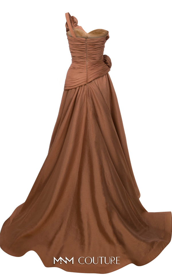 MNM Couture Style F02923 A-line gown featuring asymmetric neckline, fabric flower strap detail, pleated bust, and two floral accents at the waist | Couture Shop LA