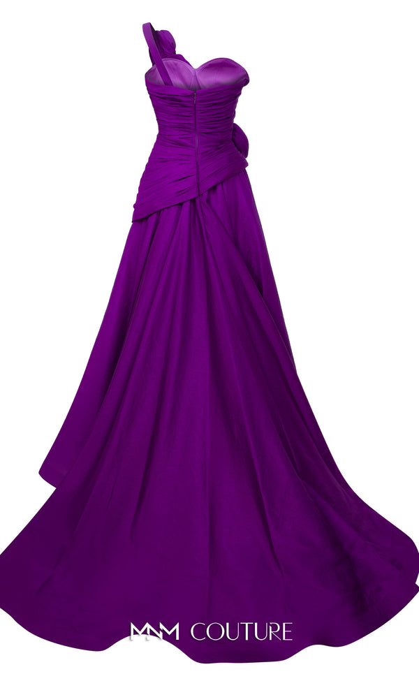 MNM Couture Style F02923 A-line gown featuring asymmetric neckline, fabric flower strap detail, pleated bust, and two floral accents at the waist | Couture Shop LA