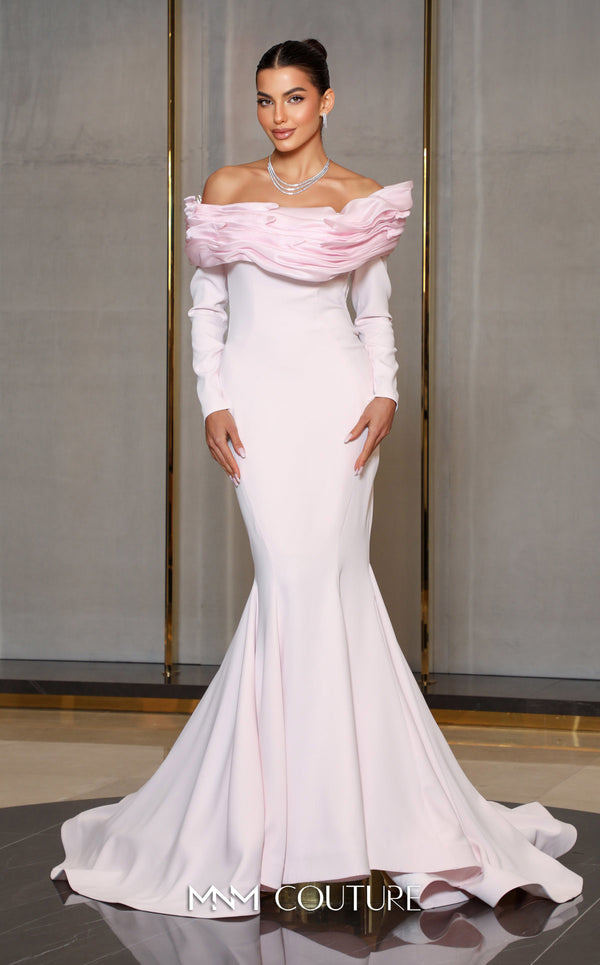 MNM Couture Style F02928 showcasing a dramatic mermaid silhouette dress in vibrant fuchsia, olive, or pink crepe, featuring pleated straight-across neckline, off-shoulder long sleeves, and a flowing train. | Couture Shop LA.