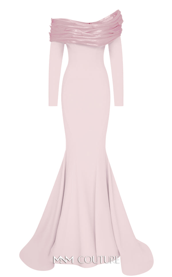 MNM Couture Style F02928 showcasing a dramatic mermaid silhouette dress in vibrant fuchsia, olive, or pink crepe, featuring pleated straight-across neckline, off-shoulder long sleeves, and a flowing train. | Couture Shop LA.