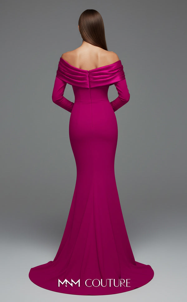MNM Couture Style F02928 showcasing a dramatic mermaid silhouette dress in vibrant fuchsia, olive, or pink crepe, featuring pleated straight-across neckline, off-shoulder long sleeves, and a flowing train. | Couture Shop LA.
