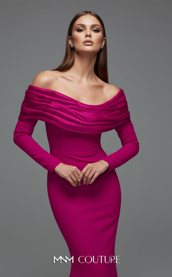 MNM Couture Style F02928 showcasing a dramatic mermaid silhouette dress in vibrant fuchsia, olive, or pink crepe, featuring pleated straight-across neckline, off-shoulder long sleeves, and a flowing train. | Couture Shop LA.