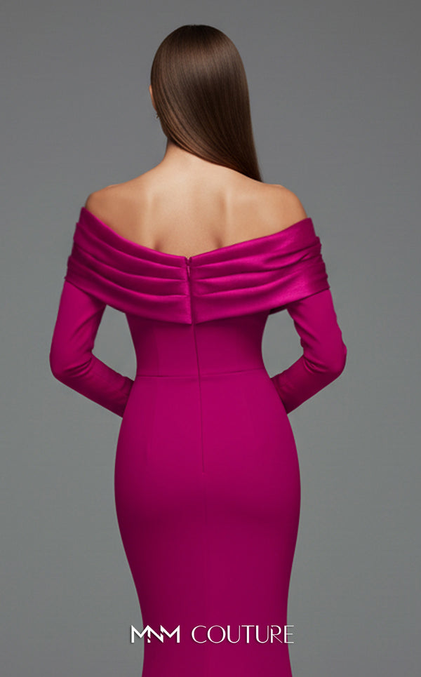 MNM Couture Style F02928 showcasing a dramatic mermaid silhouette dress in vibrant fuchsia, olive, or pink crepe, featuring pleated straight-across neckline, off-shoulder long sleeves, and a flowing train. | Couture Shop LA.