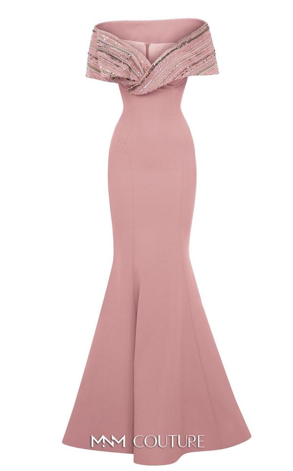 MNM Couture Style F02935 featuring a fitted mint or pink crepe mermaid gown with an off-shoulder neckline, elaborate bead and sequin embroidery, and a dramatic train. | Couture Shop LA |