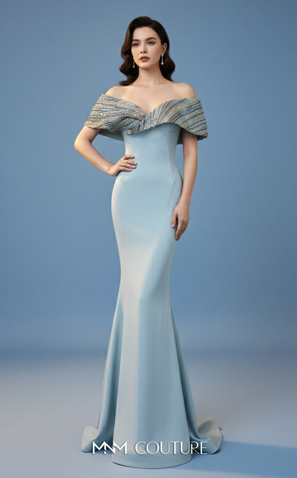MNM Couture Style F02935 featuring a fitted mint or pink crepe mermaid gown with an off-shoulder neckline, elaborate bead and sequin embroidery, and a dramatic train. | Couture Shop LA |